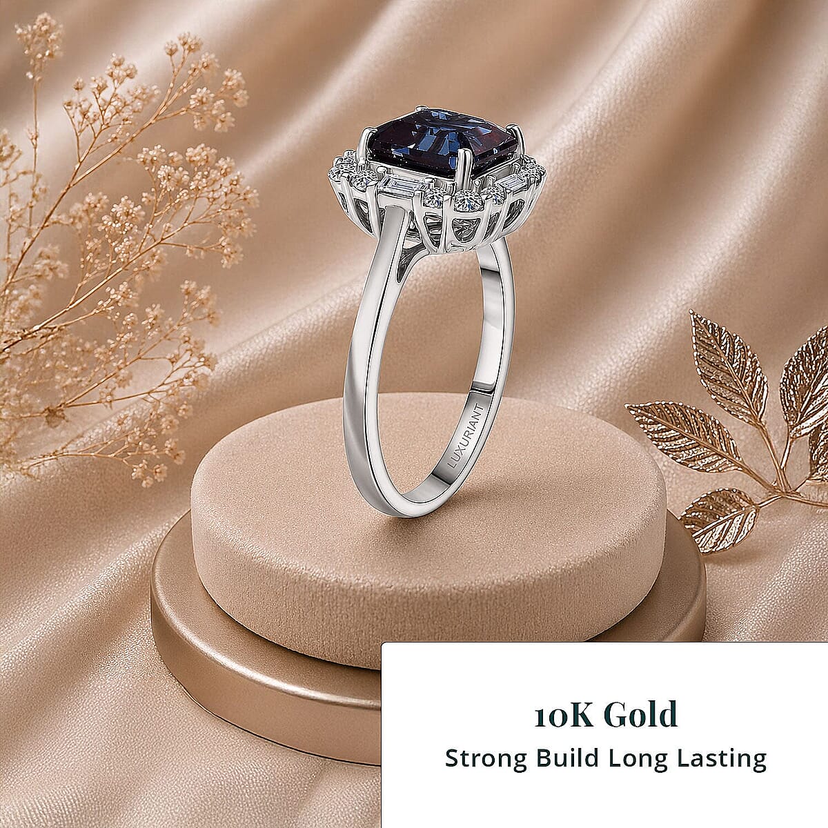 Certified & Appraised Luxuriant Asscher Cut AAA Lab Grown Alexandrite and Diamond G-H SI 3.56 ctw Ring in 10K White Gold (Size 7.5) image number 3