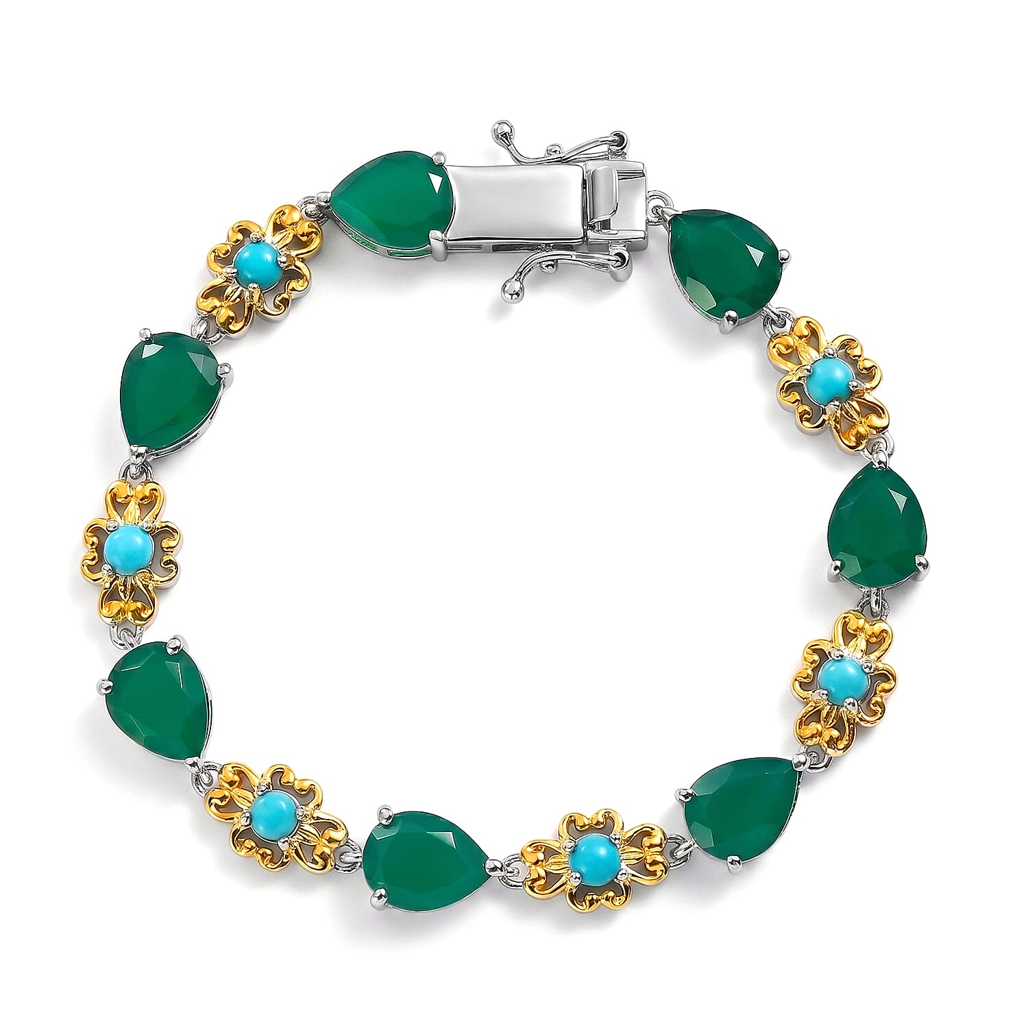 EverTrue Verde Onyx and Sleeping Beauty Turquoise 11.90 ctw Bracelet in 18K YG Plated and Platinum Bond (6.50 In)