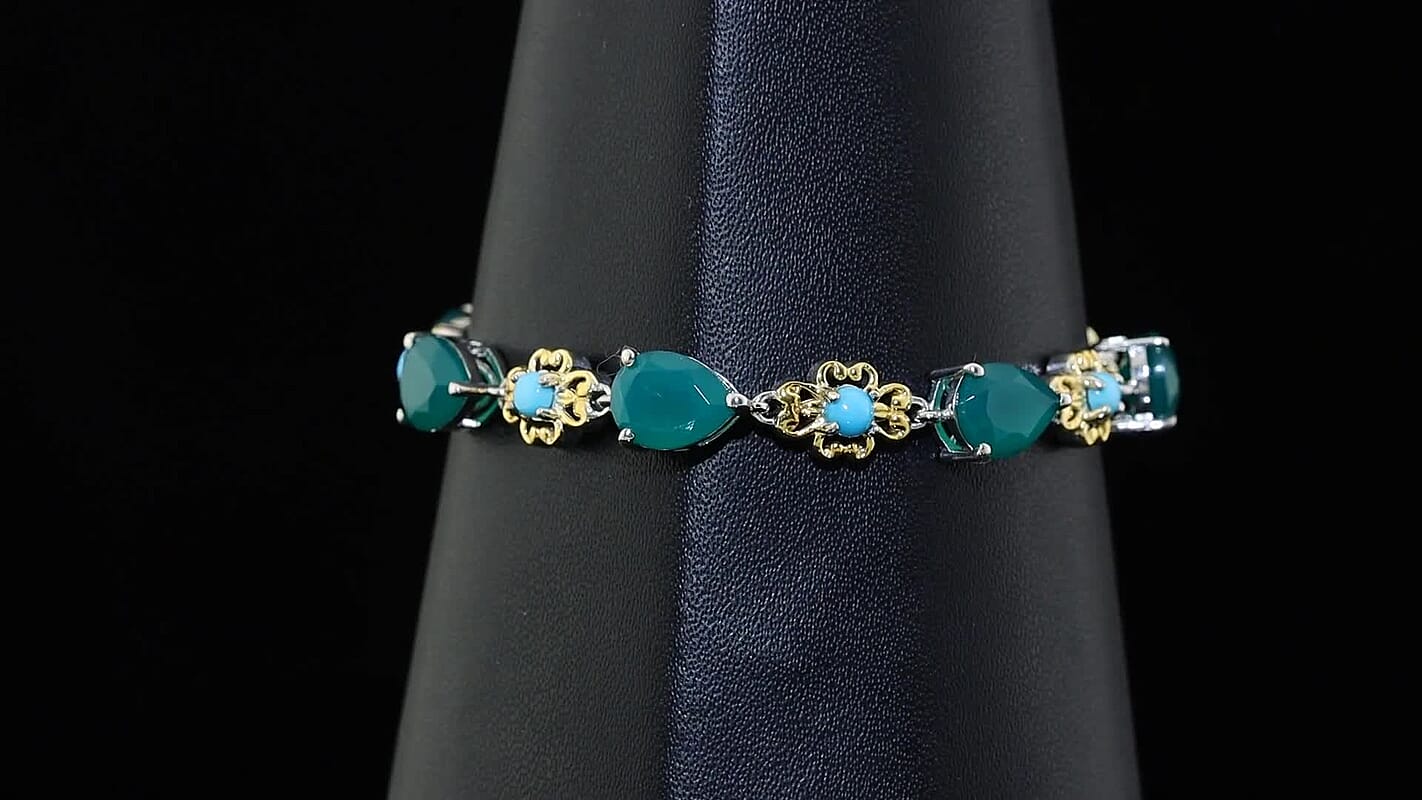 EverTrue Verde Onyx, Sleeping Beauty Turquoise Bracelet in 18K YG Plated and Platinum Bond (6.50 In) 11.90 ctw