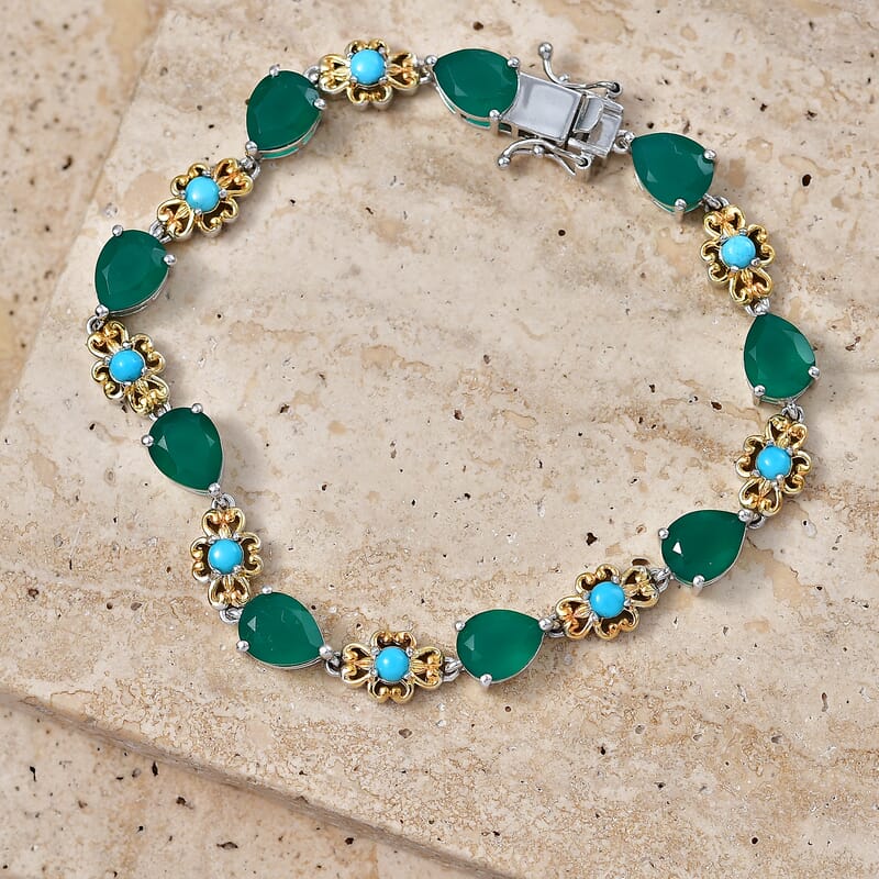 EverTrue Verde Onyx and Sleeping Beauty Turquoise 11.90 ctw Bracelet in 18K YG Plated and Platinum Bond (6.50 In)