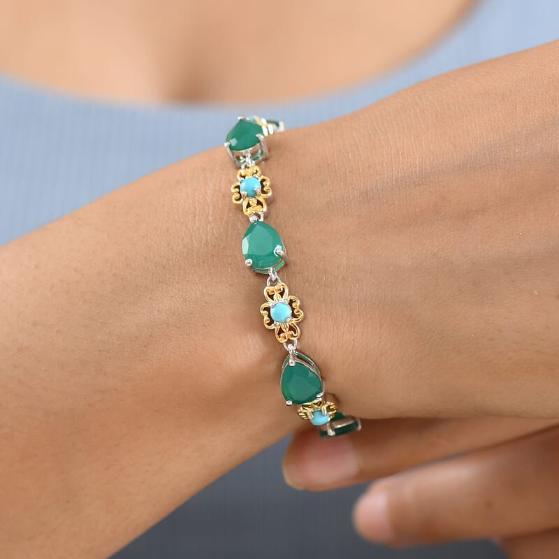 EverTrue Verde Onyx and Sleeping Beauty Turquoise 11.90 ctw Bracelet in 18K YG Plated and Platinum Bond (6.50 In)
