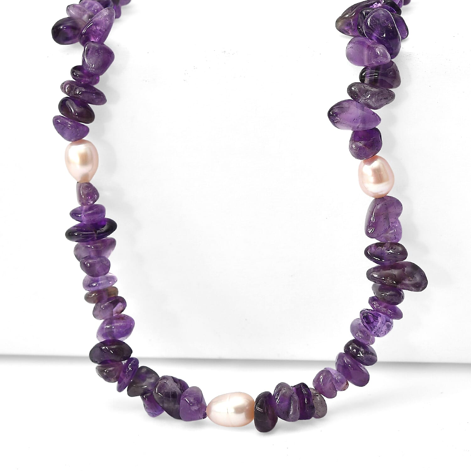 EverTrue African Amethyst Chips 205.00 ctw and Pearl Necklace (22-24 Inches) in Stainless Steel