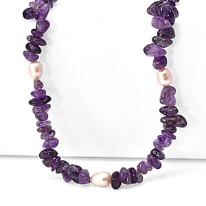 EverTrue African Amethyst Chips 205.00 ctw and Pearl Necklace (22-24 Inches) in Stainless Steel