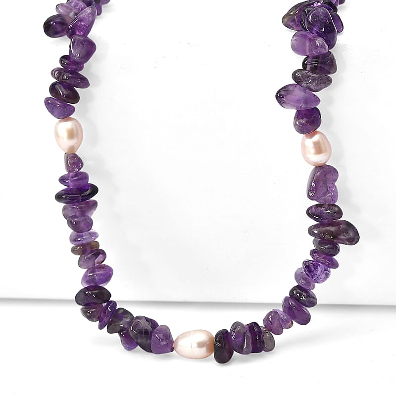 EverTrue African Amethyst Chips 205.00 ctw and Pearl Necklace (22-24 Inches) in Stainless Steel