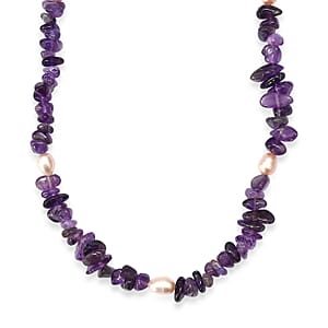EverTrue African Amethyst Chips 205.00 ctw and Pearl Necklace (22-24 Inches) in Stainless Steel