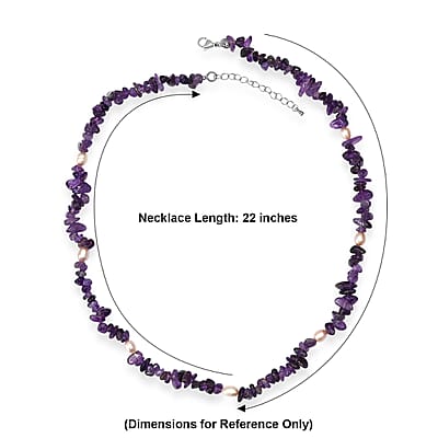 EverTrue African Amethyst Chips 205.00 ctw and Pearl Necklace (22-24 Inches) in Stainless Steel