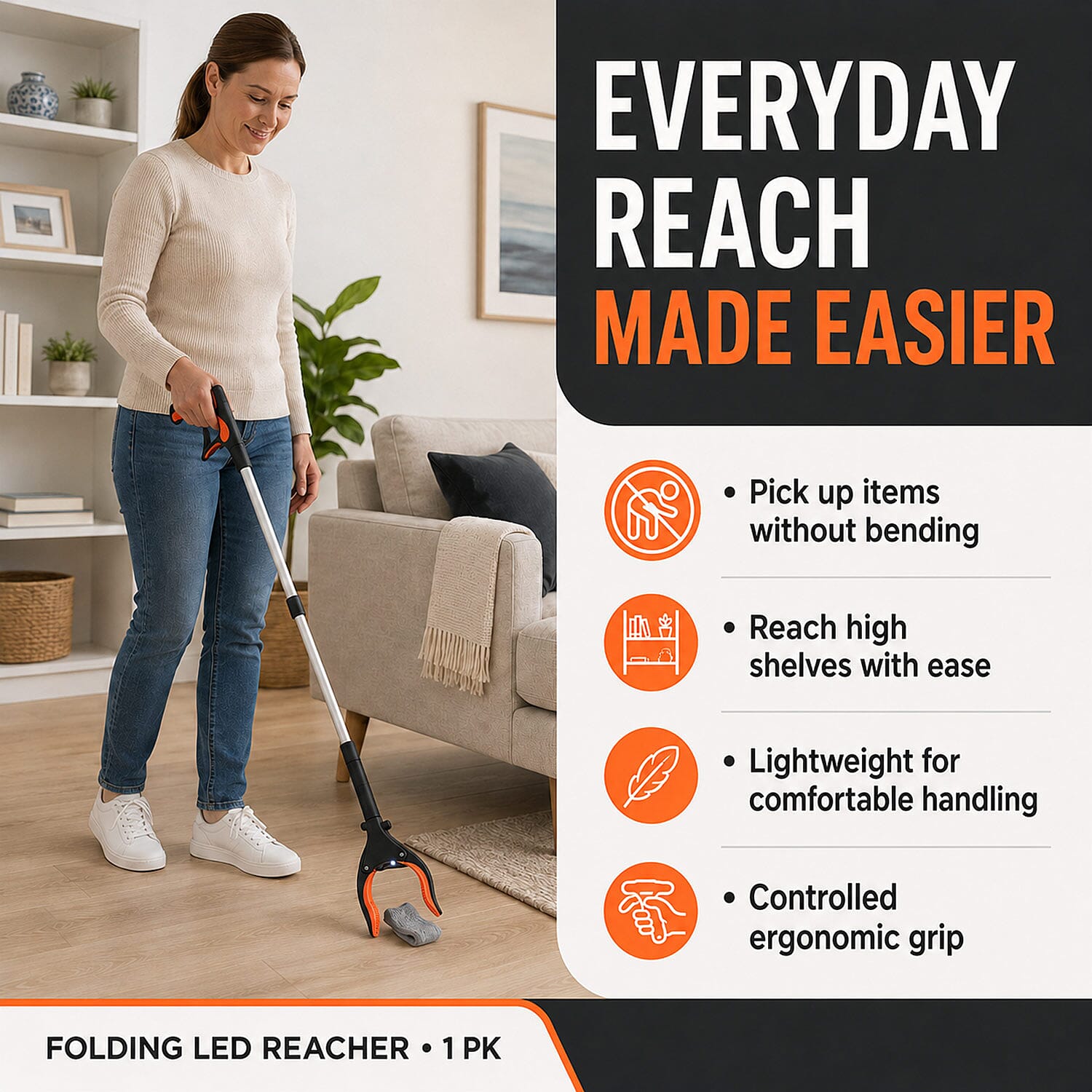 Livmore Orange Foldable Reacher with Led Light
