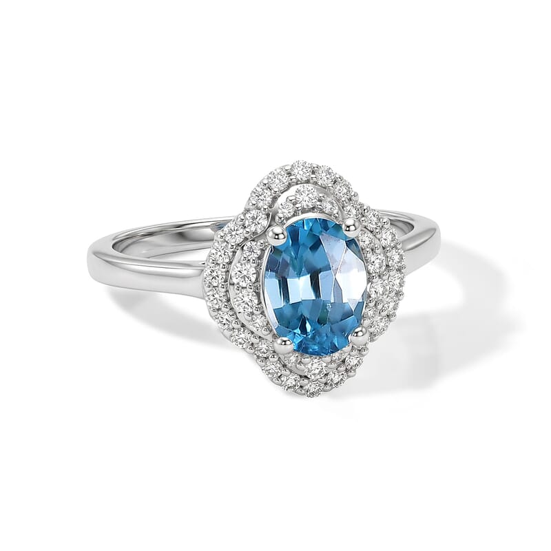 Certified and Appraised D'Joy Premium Cambodian Blue Zircon and Moissanite 2.50 ctw Ring in Rhodium Over Sterling Silver (Size 5.0)