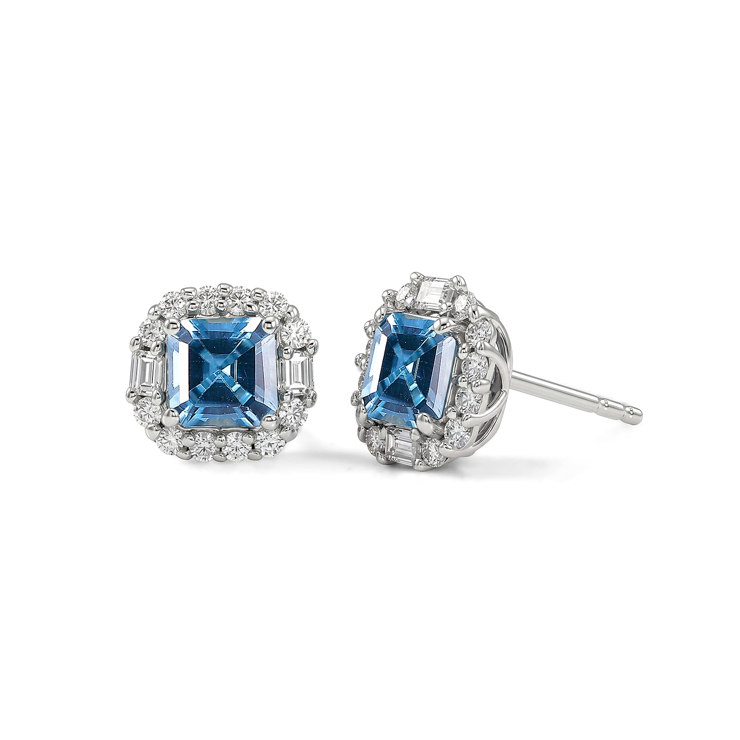 D'Joy Premium Cambodian Blue Zircon and Moissanite 2.00 ctw Earrings in Rhodium Over Sterling Silver