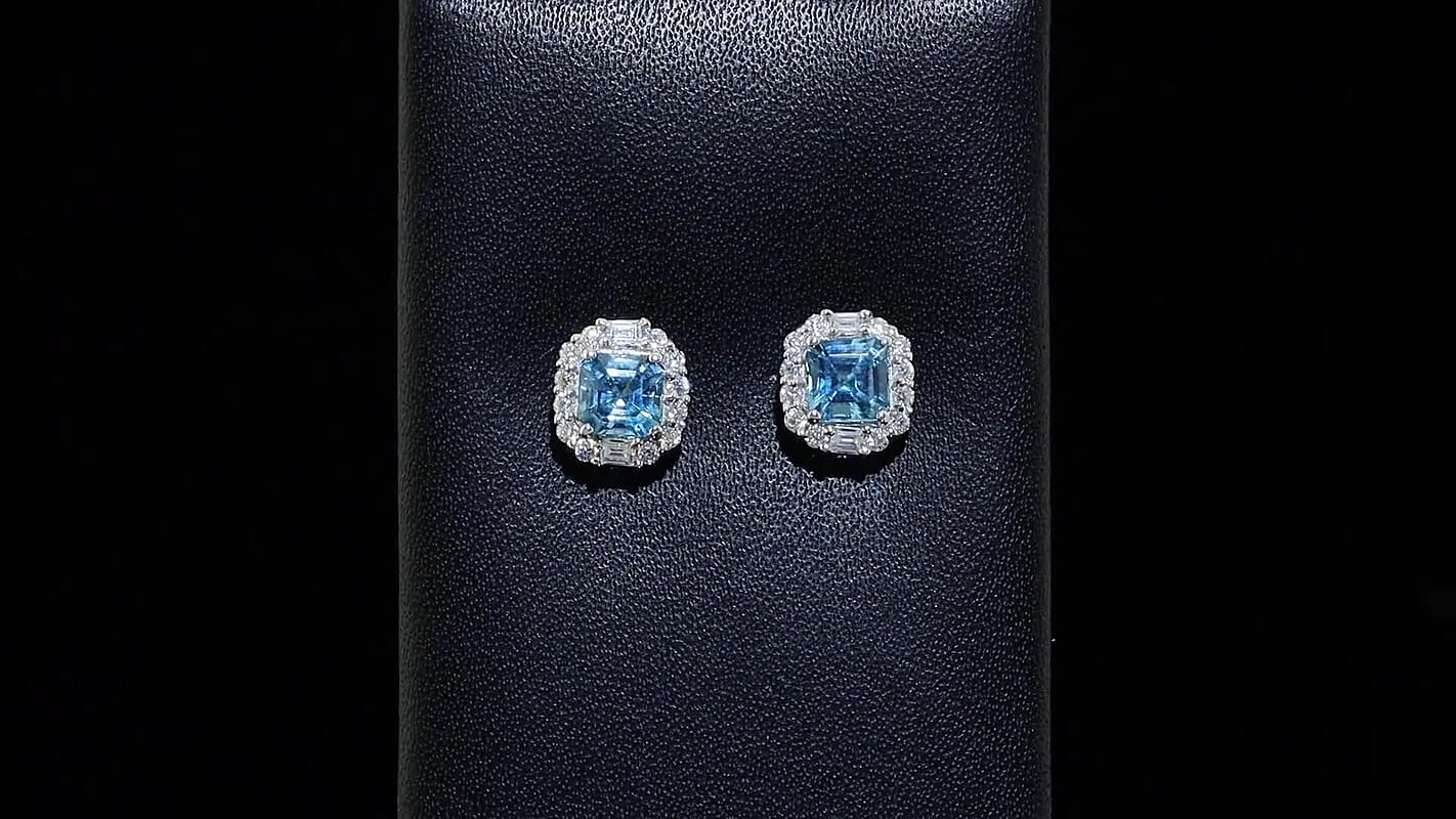 D'Joy Premium Cambodian Blue Zircon, Moissanite Earrings in Rhodium Over Sterling Silver 2.00 ctw