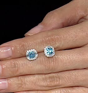 D'Joy Premium Cambodian Blue Zircon, Moissanite Earrings in Rhodium Over Sterling Silver 2.00 ctw