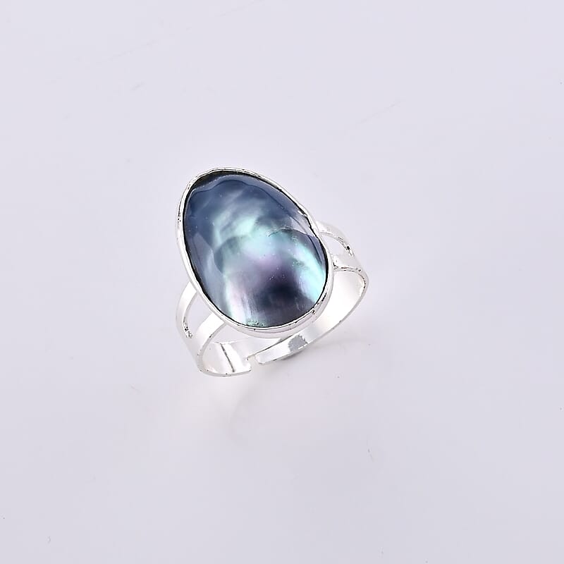 Peacock Color Shell Pearl Ring in Silvertone (Adjustable)