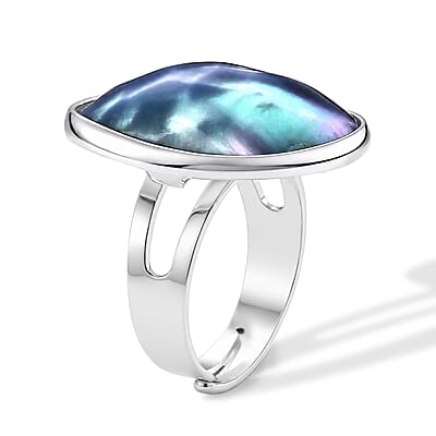 Peacock Color Shell Pearl Ring in Silvertone (Adjustable)