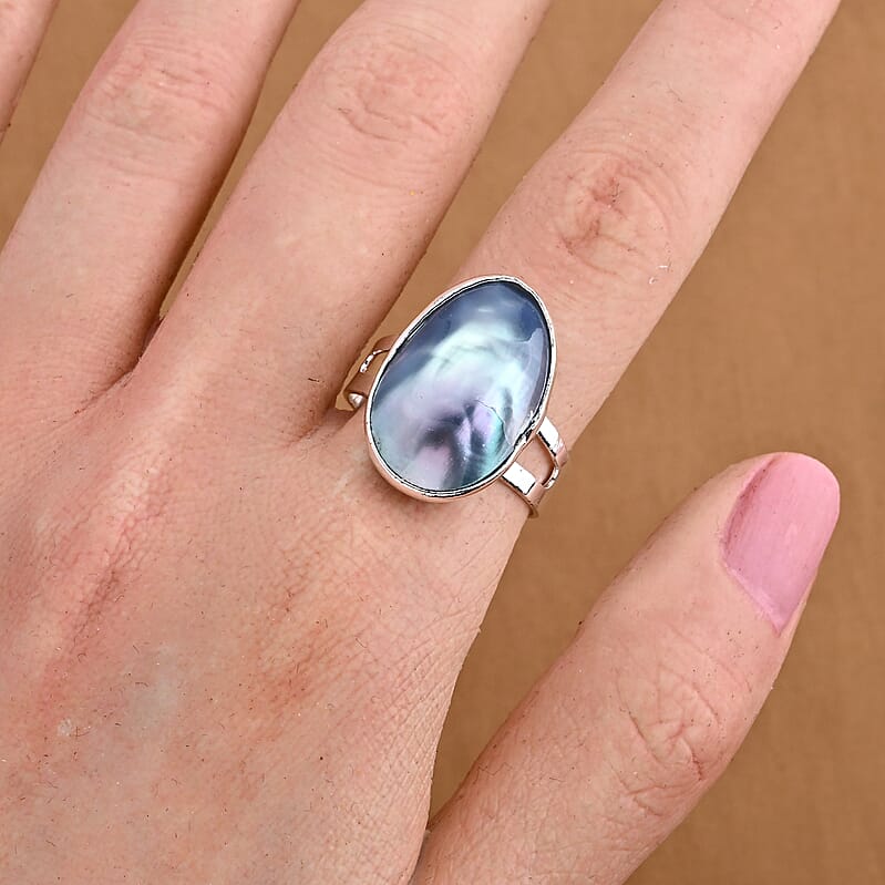 Peacock Color Shell Pearl Ring in Silvertone (Adjustable)