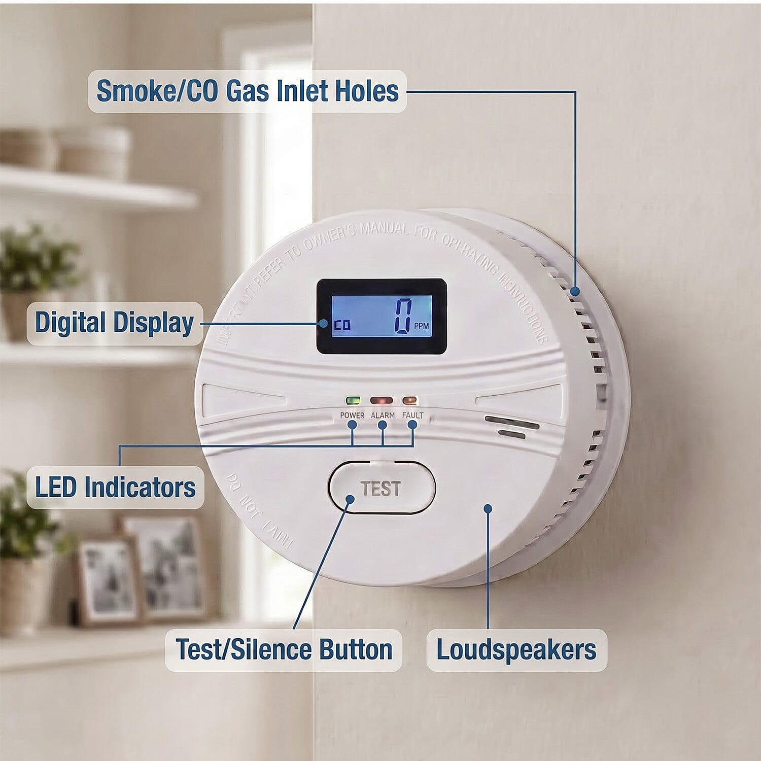 Livmore White Smoke & CO Combo Alarm Detector w/ Digital Display (Batterie Not Included)