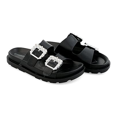Kristal Black Double Strap Metal Buckle Sandal - 6