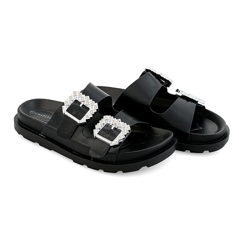 Kristal Black Double Strap Metal Buckle Sandal - 6