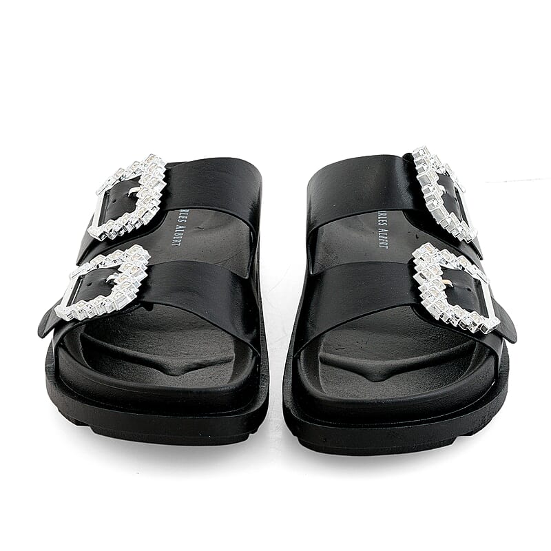 Kristal Black Double Strap Metal Buckle Sandal - 6