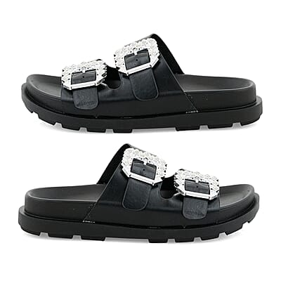 Kristal Black Double Strap Metal Buckle Sandal - 6