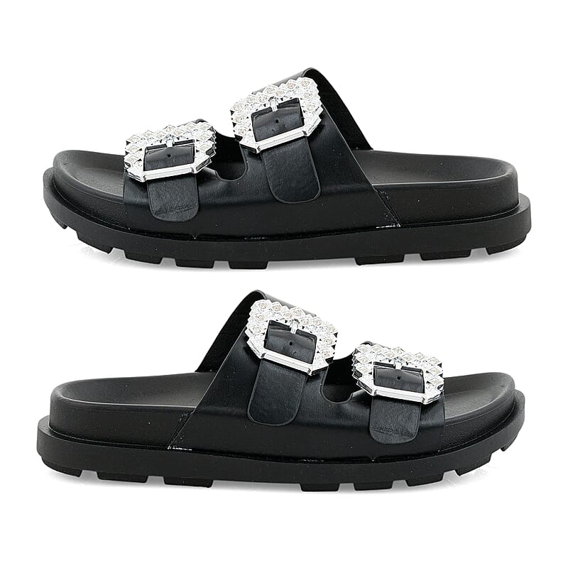 Kristal Black Double Strap Metal Buckle Sandal - 6