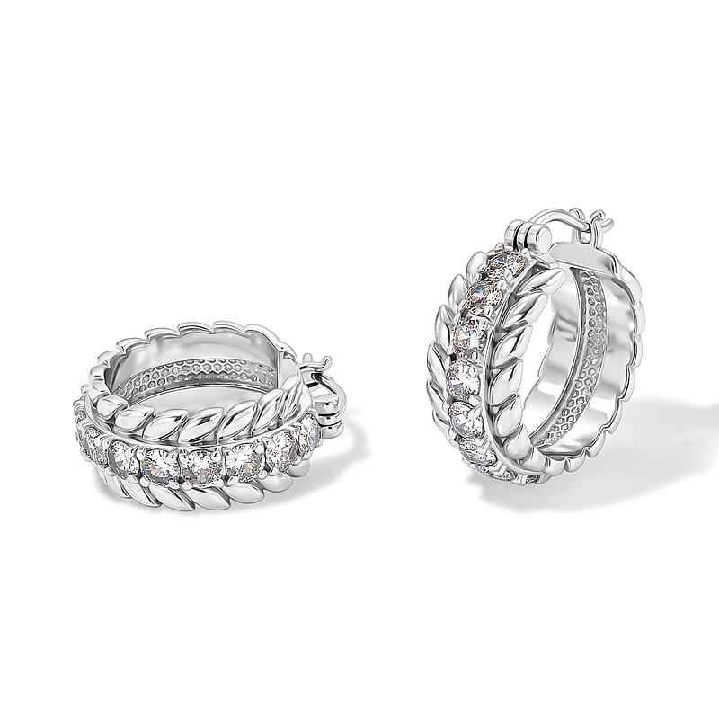 EverTrue Simulated Diamond Sudded Hoop Earrings in Stainless Steel