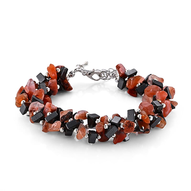 Red Agate and Hematite 175.00 ctw Beaded Bracelet in Silvertone (9.0-11.0In)