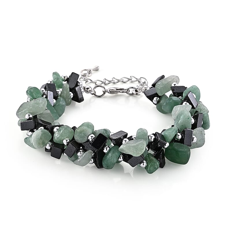 Green Aventurine and Hematite 175.00 ctw Beaded Bracelet in Silvertone (9.0-11.0In)