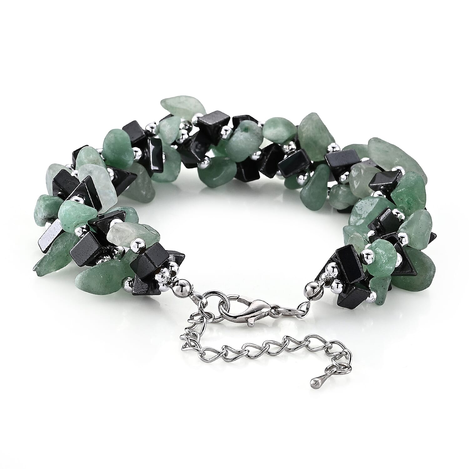 Green Aventurine and Hematite 175.00 ctw Beaded Bracelet in Silvertone (9.0-11.0In)