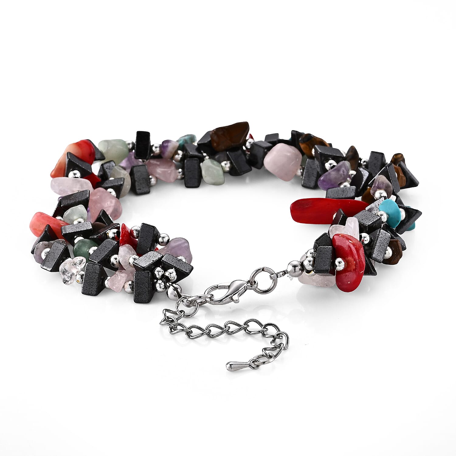 Rose Quartz and Hematite 175.00 ctw Beaded Bracelet in Silvertone (9.0-11.0In)