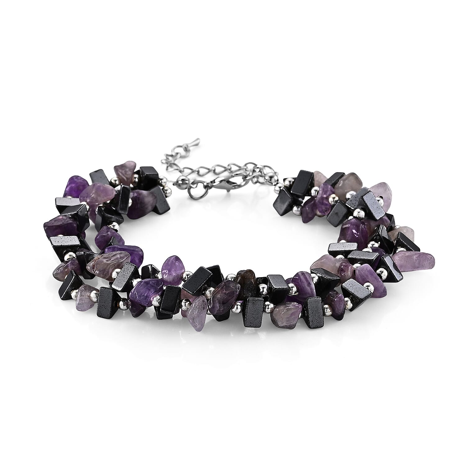 African Amethyst and Hematite 175.00 ctw Beaded Bracelet in Silvertone (9.0-11.0In)