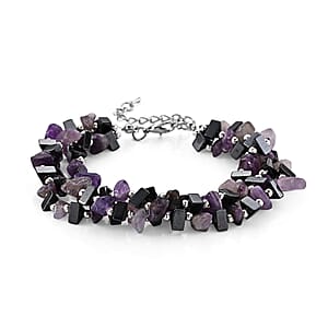 African Amethyst and Hematite 175.00 ctw Beaded Bracelet in Silvertone (9.0-11.0In)