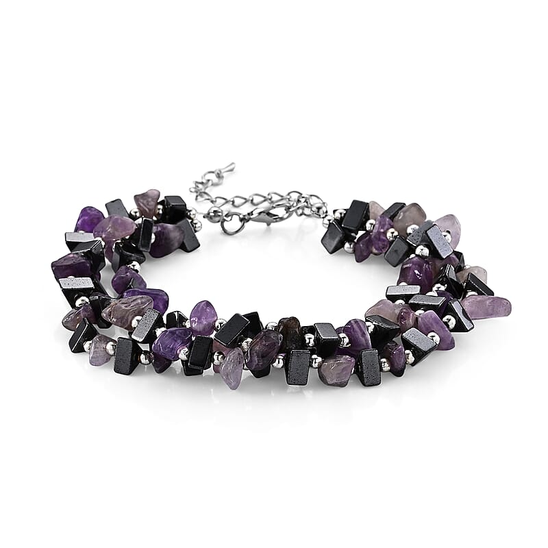 African Amethyst and Hematite 175.00 ctw Beaded Bracelet in Silvertone (9.0-11.0In)