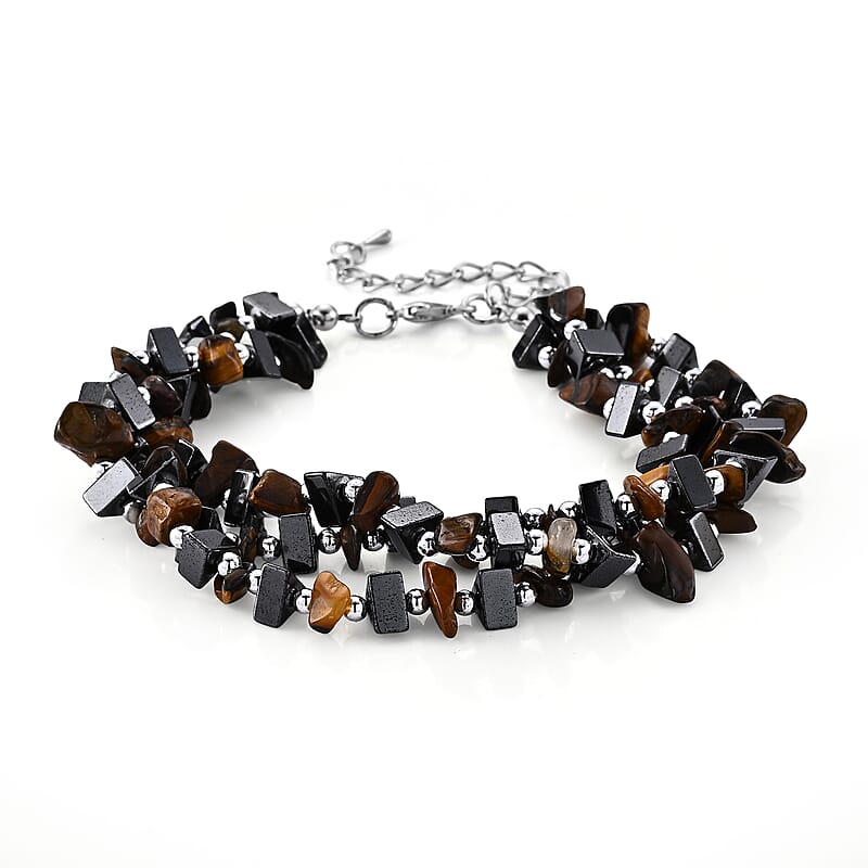 Yellow Tigers Eye and Hematite 175.00 ctw Beaded Bracelet in Silvertone (9.0-11.0In)