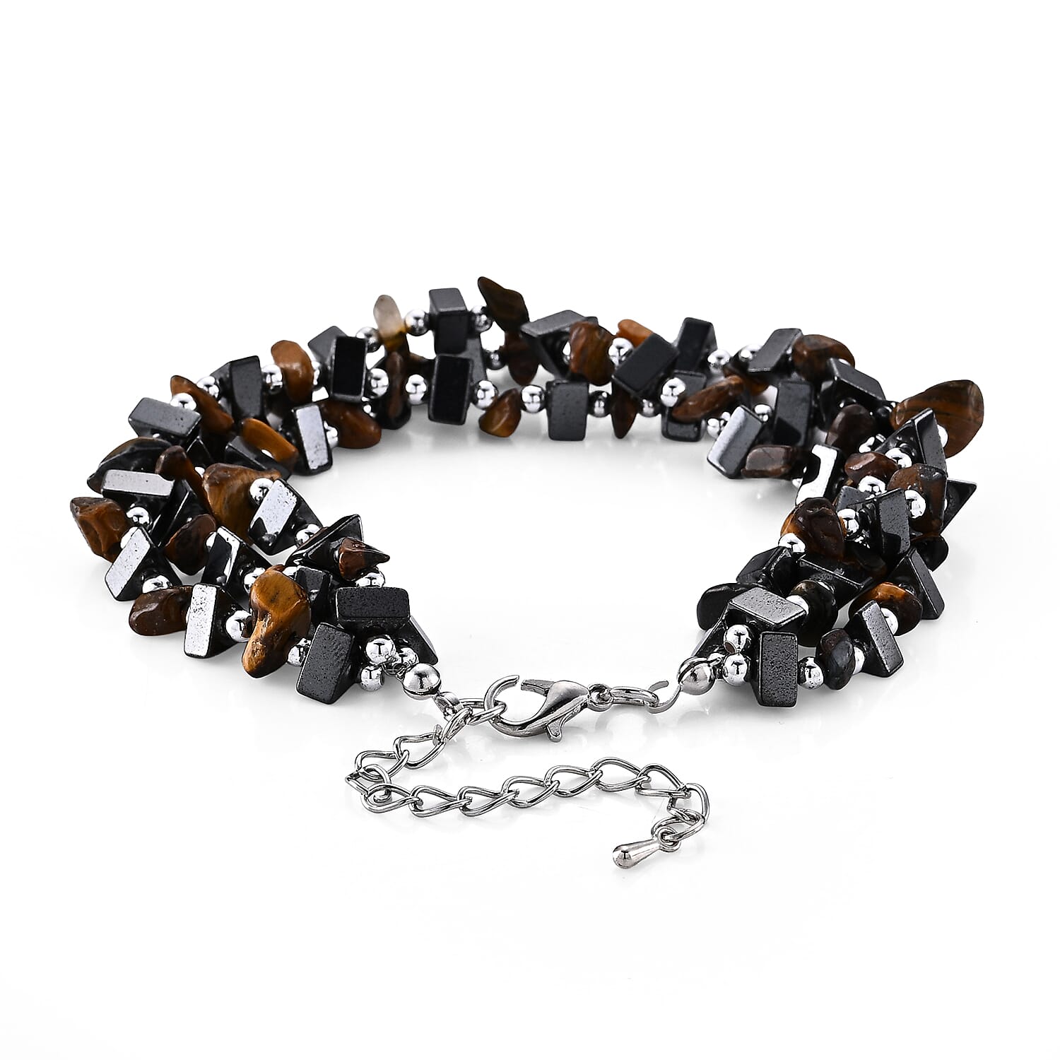 Yellow Tigers Eye and Hematite 175.00 ctw Beaded Bracelet in Silvertone (9.0-11.0In)