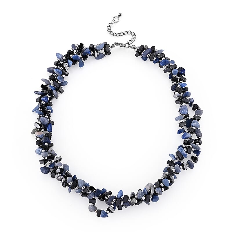 Blue Agate and Hematite 455.00 ctw Beaded Necklace in Silvertone (19-21 Inches)