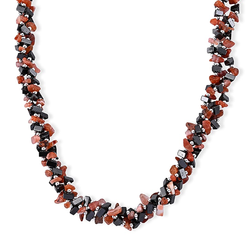 Red Agate and Hematite 455.00 ctw Necklace in Silvertone 19-21 Inches