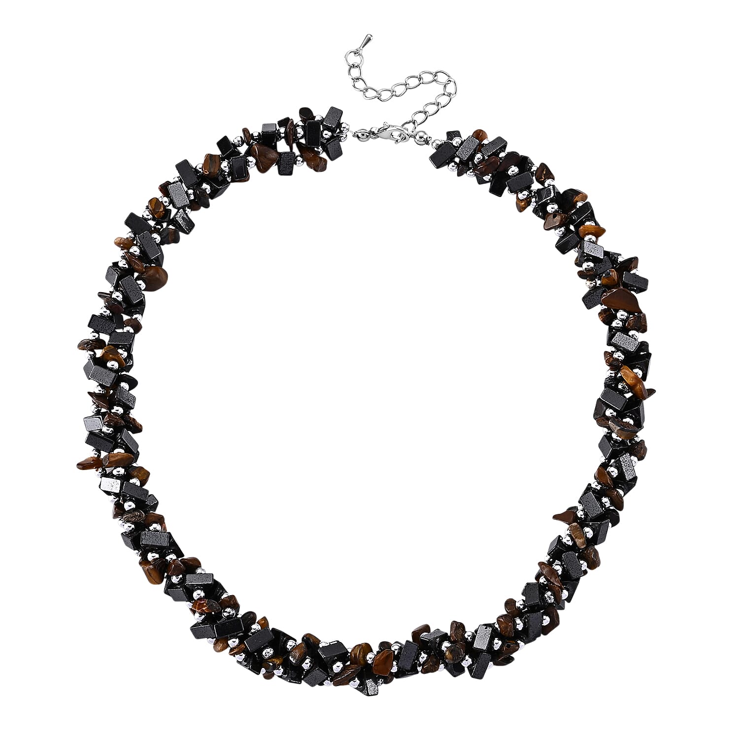 Yellow Tiger Eye and Hematite 455.00 ctw Necklace in Silvertone 19-21 Inches