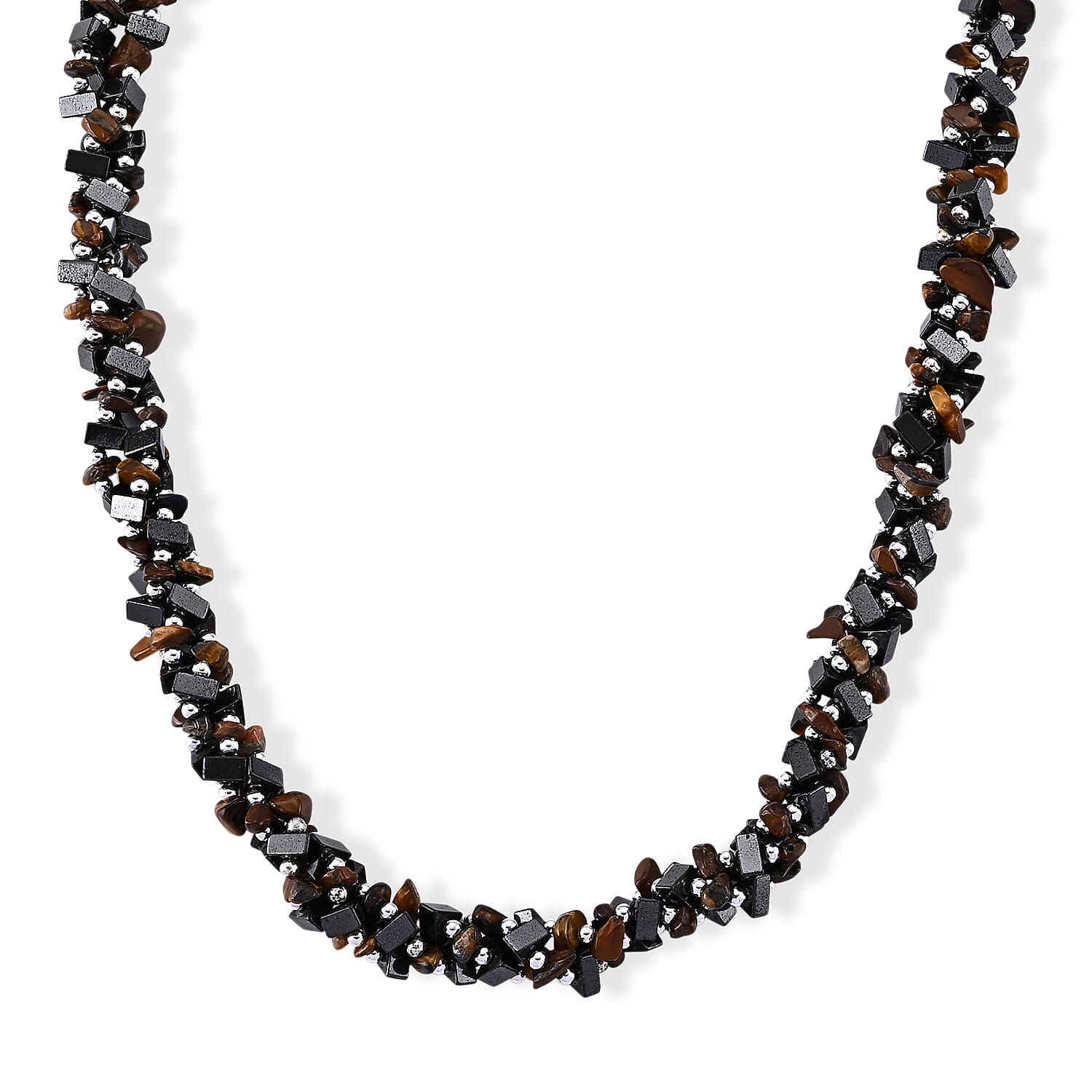 Yellow Tiger Eye and Hematite 455.00 ctw Necklace in Silvertone 19-21 Inches