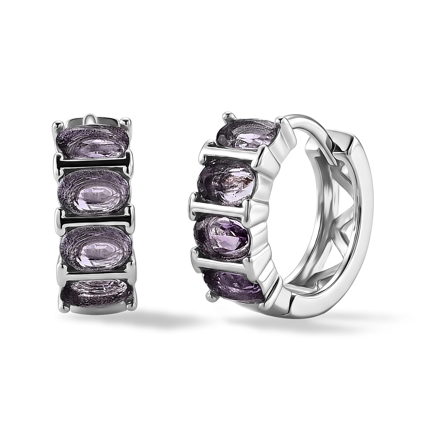 Amethyst and Simulated Diamond 5.01 ctw Hoop Earrings in Silvertone