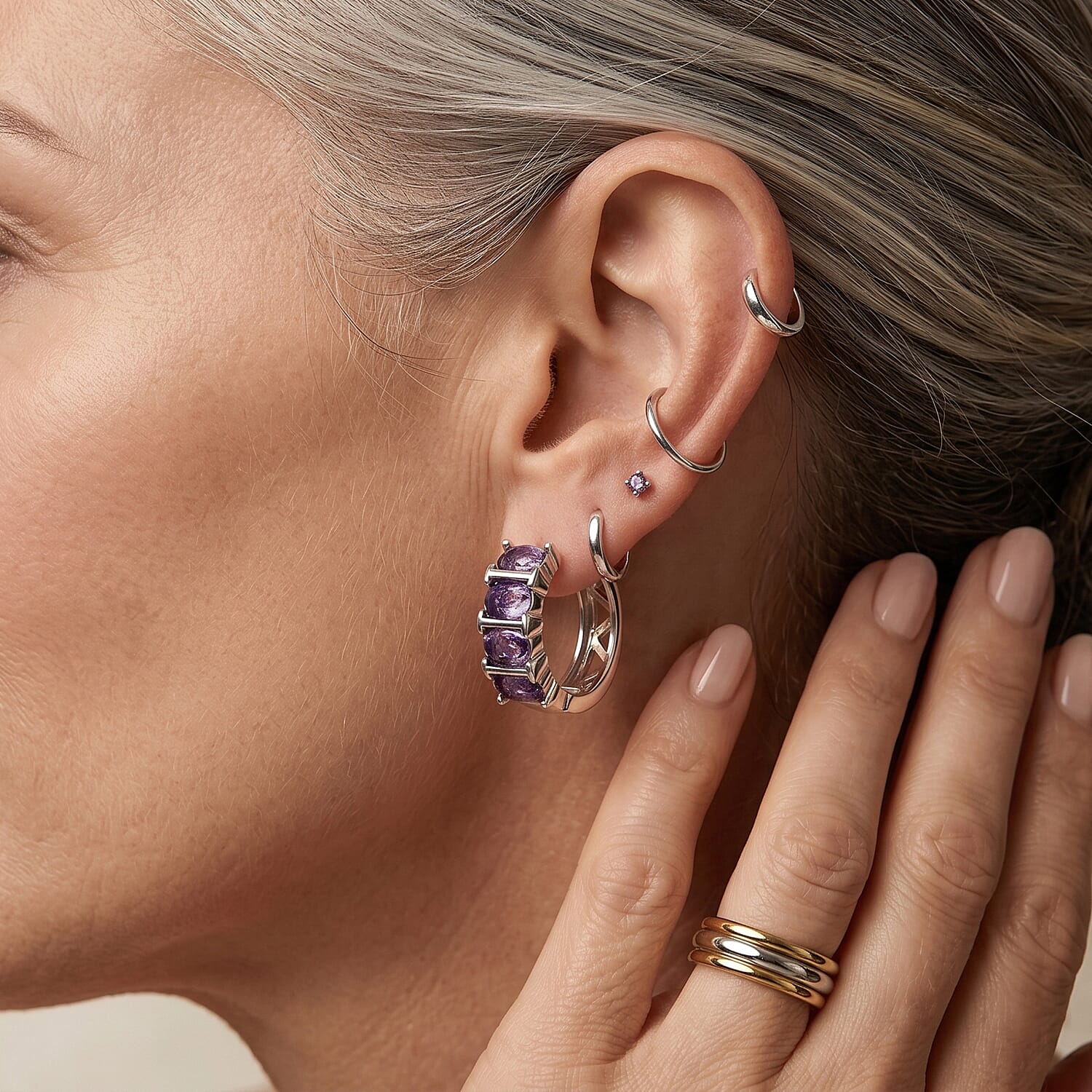 Amethyst and Simulated Diamond 5.01 ctw Hoop Earrings in Silvertone