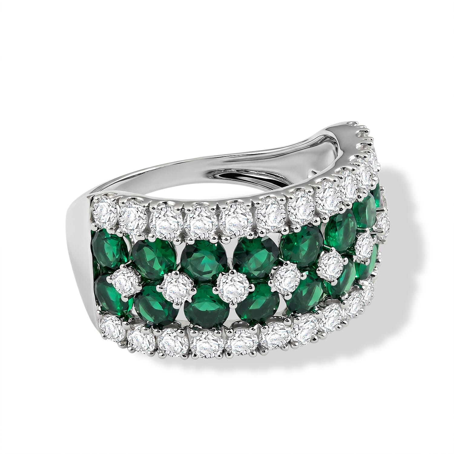 Lab Grown Emerald and Luxuriant Lab Grown Diamond SI1 3.10 ctw Ring in Sterling Silver (Size 6.0)