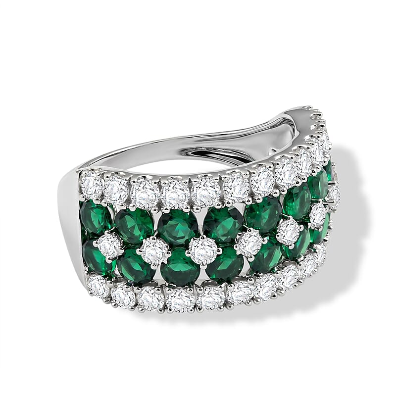 Lab Grown Emerald and Luxuriant Lab Grown Diamond SI1 3.10 ctw Ring in Sterling Silver (Size 6.0)