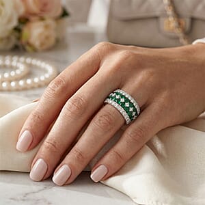 Lab Grown Emerald and Luxuriant Lab Grown Diamond SI1 3.10 ctw Ring in Sterling Silver (Size 7.0)