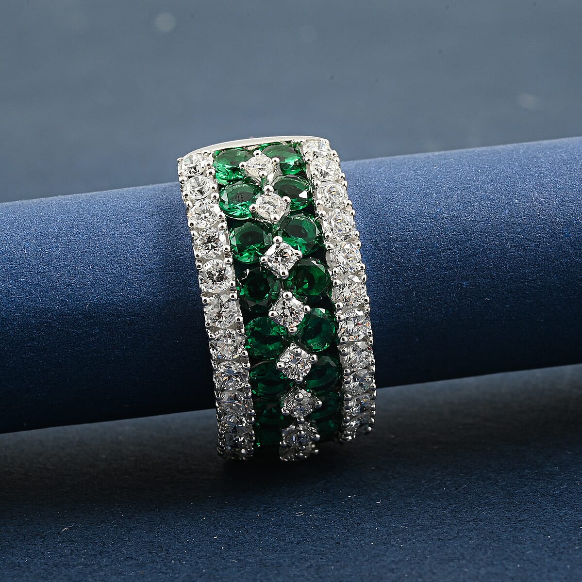 Lab Grown Emerald and Luxuriant Lab Grown Diamond SI1 3.10 ctw Ring in Sterling Silver (Size 8.0) image number 1