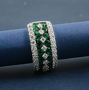 Lab Grown Emerald and Luxuriant Lab Grown Diamond SI1 3.10 ctw Ring in Sterling Silver (Size 9.0)