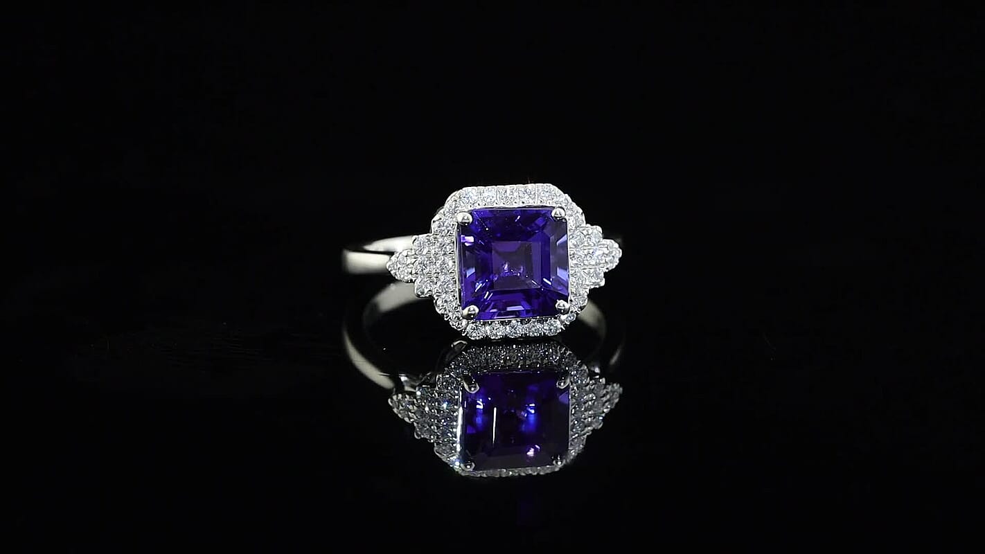 Certified & Appraised Rhapsody 950 Platinum Asscher Cut AAAA Tanzanite, Diamond (E-F, VS) (0.32 cts) Ring (Size 10.0) (6.85 g) 3.75 ctw