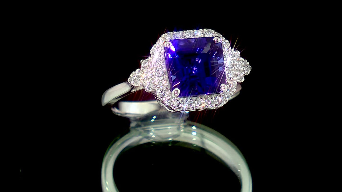 Certified & Appraised Rhapsody 950 Platinum Asscher Cut AAAA Tanzanite, Diamond (E-F, VS) (0.32 cts) Ring (Size 10.0) (6.85 g) 3.75 ctw