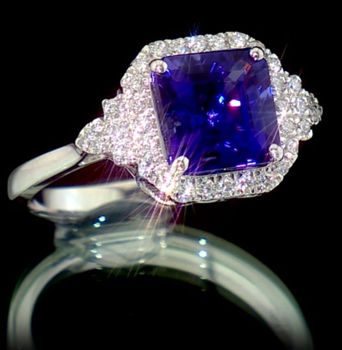 Certified & Appraised Rhapsody Asscher Cut AAAA Tanzanite and Diamond E-F VS 3.75 ctw Ring in 950 Platinum (Size 7.0) 6.85 Grams image number 1