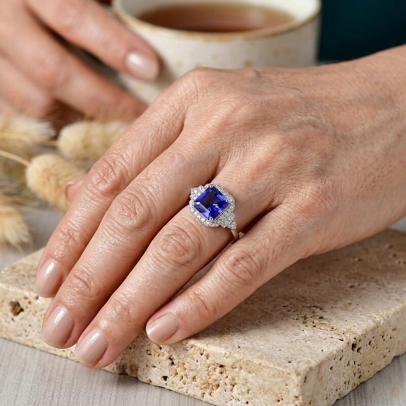 Certified & Appraised Rhapsody Asscher Cut AAAA Tanzanite and Diamond E-F VS 3.75 ctw Ring in 950 Platinum (Size 7.0) 6.85 Grams
