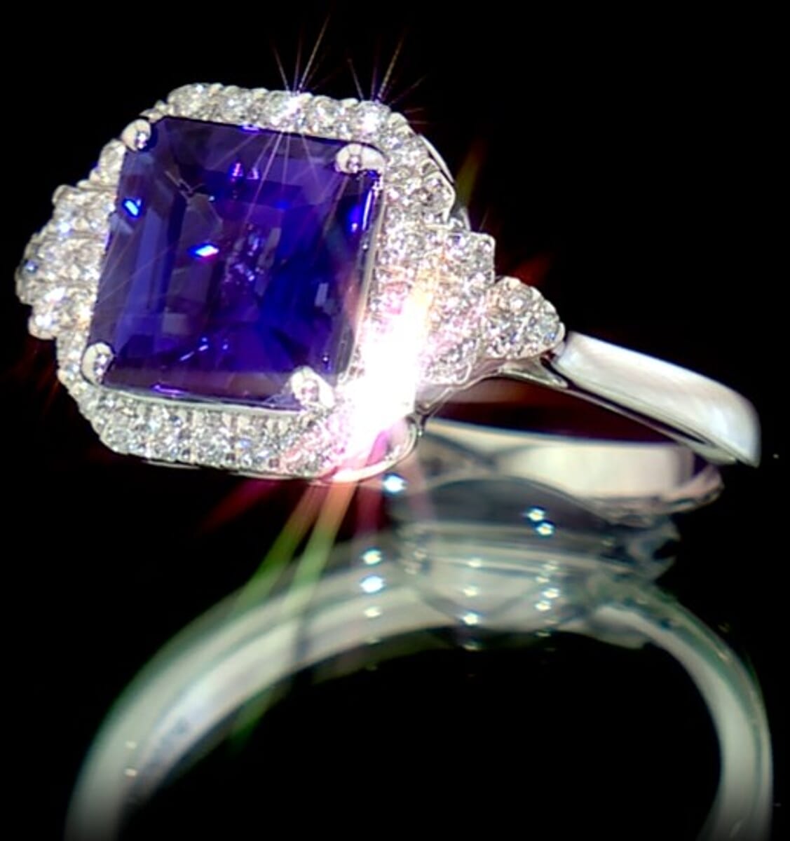 Certified & Appraised Rhapsody Asscher Cut AAAA Tanzanite and Diamond E-F VS 3.75 ctw Ring in 950 Platinum (Size 7.0) 6.85 Grams image number 2